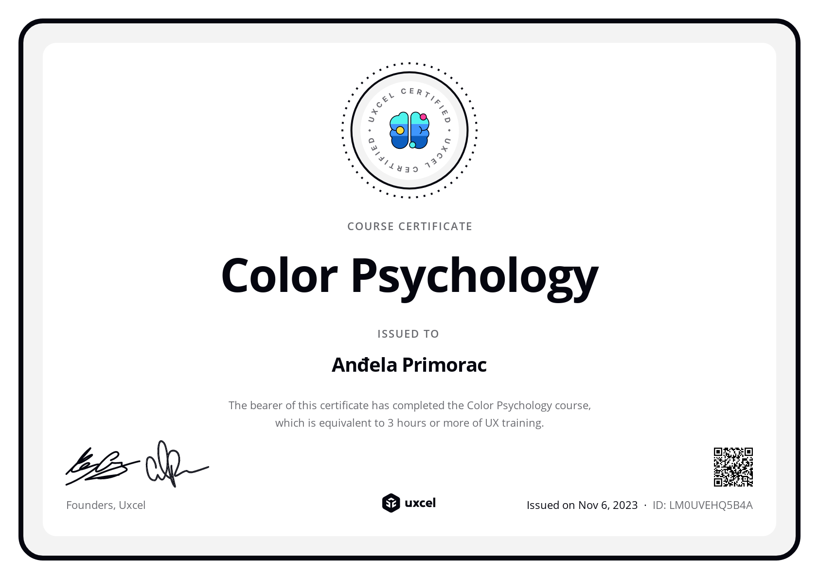 Anđela Primorac's certificate